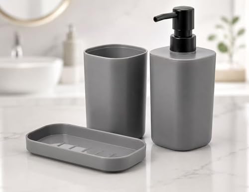 Set de Accesorios de Baño 3 Piezas Gris, Dispensador de Jabón, Po...
