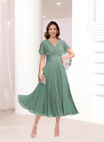 Women's Short Sleeves Mother of The Bride Dresses 2025 Ruffles Chiffon Pleated Formal Party Dress DE2342