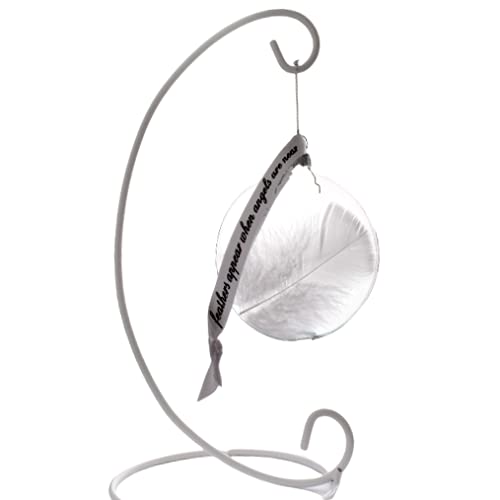 White Feather Bauble Plus White Display Stand. Angel Loss. Glass Round Hanging Decoration. Christmas Tree Decoration Memorial