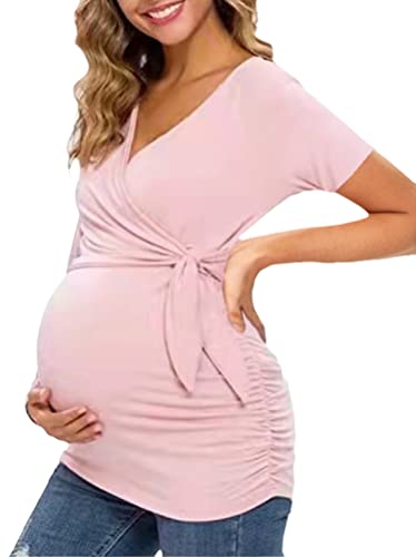 Tomwell Top De Lactancia De Manga Corta con Cuello En V para Mujer Ropa Premamá Camisa De Maternidad Camiseta De Embarazada Delgado Moda Blusa Verano Primavera E Rosa S