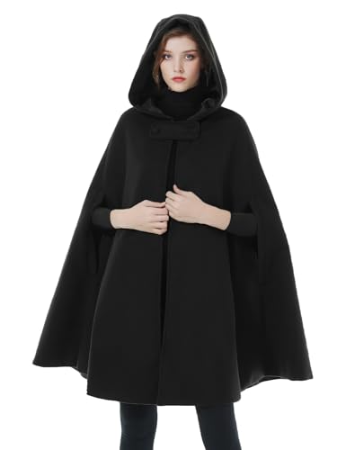 BEAUTELICATE Mezcla de Lana Capa con Capucha Mujer con Bolsillos Largo para Vestido de Novia Boda Fiesta Navidad Halloween Medievales（Negro - Longitud 90cm）