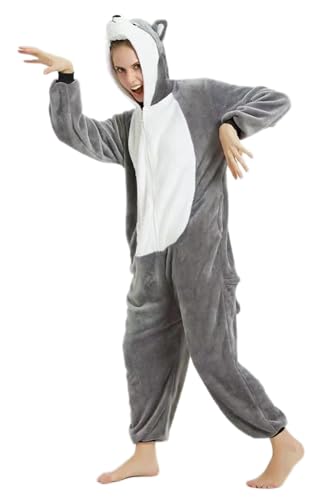 PENGMAI Pijama unisex de animales para adultos, disfraz de perro husky, disfraz de Halloween para mujeres y hombres, ropa de descanso, gris, L