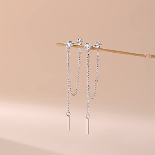 18K White Gold Plated 925 Sterling Silver Chain Stud Earrings For Women, Bar Dangle Long Earrings Hypoallergenic Jewelry Gift #TOP4