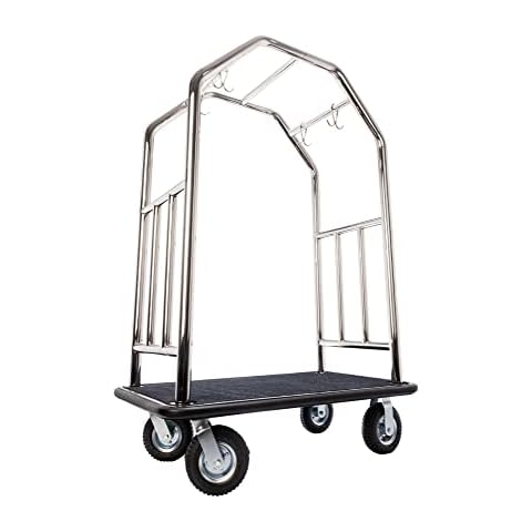 Grand Lux Stainless Steel Luggage Cart - Hotel Bellman Cart - Heavy Duty 2" Welded Steel Frame Valet Cart with Plush Carpeted Deck and 8" Wheels - Ships Fully Assembled - 1000 lb Capacity Cover