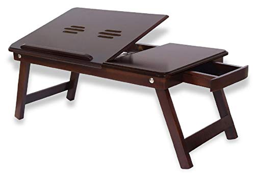 Image of WOOYNEX Wooden Laptop Table Standard Adjustable Study Table with Laptop, Portable Lap Desk, Multifunctional Bed Table with Drawer and Folding Legs (Brown)