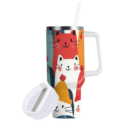 Vaso al vacío de 40 onzas con tapa y pajita, diseño de gato de invierno, Feliz Navidad, botella de agua de metal colorida, taza de boca ancha con asa para mujeres y hombres