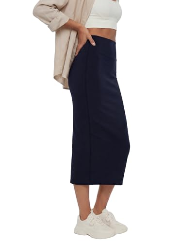 Image of Rooscier Women's High Waisted Pencil Midi Skirt | Stretchy Bodycon Knee Length Skirts with Back Slit