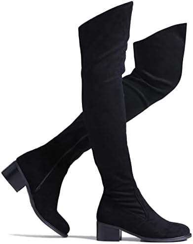 Shoe'N Tale Women Stretch Suede Chunky Heel Thigh High Over The Knee Boots(6,Black-2''Heel)