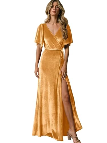 Velvet Bridesmaid Dress Long for Women Flutter Sleeves V Neck Formal Gowns with Side Slit 2024