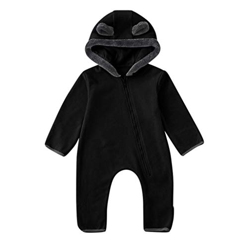 Doudoune Fourrure Garçons Sweat à capuche filles vêtements infantile dessin animé solide barboteuse polaire garçons combinaison bébé oreilles garçons manteau et veste (Black, 0-3 Months)