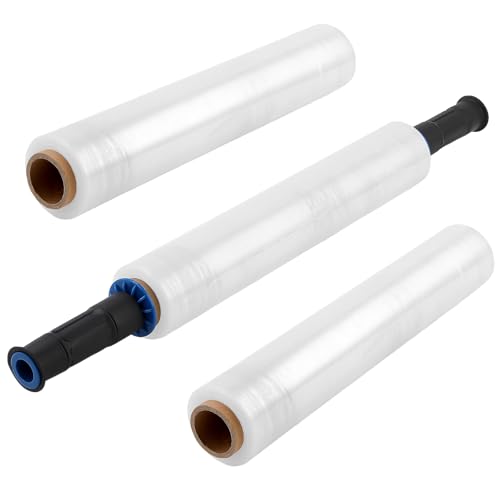 KEILEOHO 3 Rollen Stretchfolie Transparent 38 cm x 150 m, Palettenfolie Wickelfolie mit Handabroller, Packfolie Rolle Strechfolienrolle für Verpackung, Versand, Oberflächenschutz