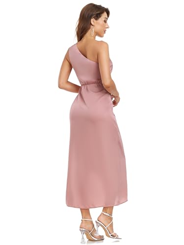 Image of Women's One Shoulder Satin Silk Backless Split Wrap Hem Twist Ruched Summer Party Cocktail Midi Dress