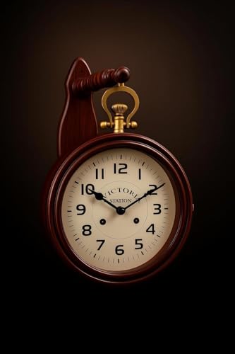 Image of Double-Sided Wall Clock | 12 Inch Roman Numeral Hanging Station Clock with Wooden Bracket | Antique Home & Cafe Decor (Brass)