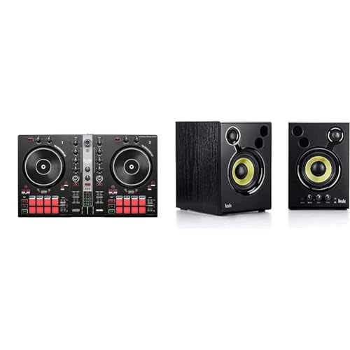 Hercules DJControl Inpulse 300 MK2 – USB-DJ-Controller – 2 Decks mit 16 Pads und eingebauter Soundkarte & DJMonitor 42-2 x 20 Watt RMS aktive Monitor Lautsprecher, Schwarz, Gelb