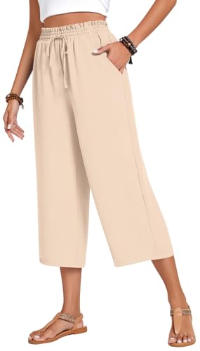 Image of Anyhold Women's Capri Pants Drawstring Casual Palazzo Trousers with Pockets Loose High Waisted Wide Leg Lounge Pants