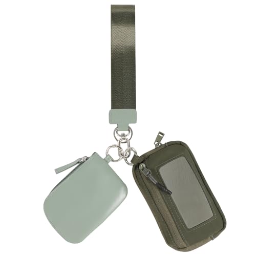 JSRQT Handgelenk-Geldbörse Schlüsselanhänger für Damen, Abnehmbare Münzgeldbörse mit Zwei Fächern, Kompaktes Münztasche RFID-Geldbörse,Kleine Reise-Geldbörse (Grün)