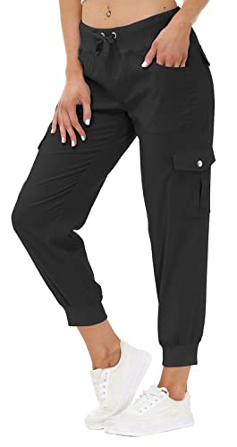 JINSHI Hosen Damen Cargohose Lange Capri Freizeithose Outdoor Jogginghose High Waist mit Kordelzug Dunkelgrau XS