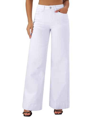 roswear Women's Wide Leg Jeans Casual High Waisted Stretchy Baggy Loose Long Trouser Jeans White Medium