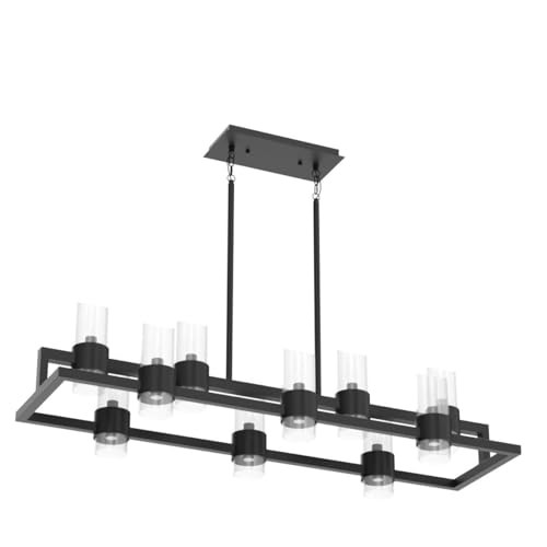 Image of WUZUPS Island Rectangle Chandelier 10-Light with Clear Glass Industrial Modern Farmhouse Linear Light Fixture for Dining Room Kithen Island, Width 42.5 inch Height 10.4 inch, Black
