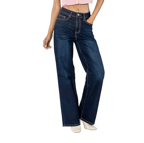 Nina Carter T005 Damen Jeanshose ohne Stretch – Barrel Fit Jeans mit weitem Bein, High Waist, gerade geschnittene Baumwolljeans (Jeansblau (T005-1), M)