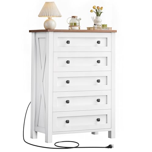 DWVO White Dresser, 5 Chest of Drawer Dresser for Room, Modern Tall Nightstand with Deep Drawers, Organizer Drawers for Living, Hallway