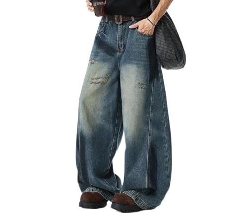 Mens Baggy Wide Leg Denim Pants Distressed Washed High Street Casual Office Trousers