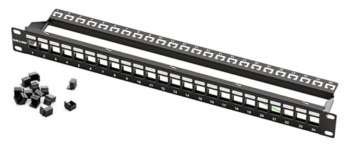 iwillink Blank 24 Port Patchpanel Patchfeld 1 HE 19 Zoll für Rack montage mit Metallgehäuse mit 12 Stück Blank Keystone Jack Einsätzen Kompatibel CAT6 CAT6A CAT7 CAT8 Netzwerk Verlegekabel