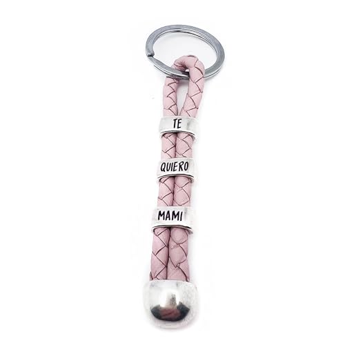 Llavero de Cuero Auténtico Trenzado Doble – Personalizado Frases “Te Quiero Mamá” y Nombres Niños – Zamak Baño de Plata – Medidas 120x15mm – Regalo Original Día de la Madre. (Te Quiero Mami)