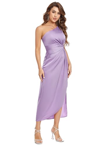 Image of Women's One Shoulder Satin Silk Backless Split Wrap Hem Twist Ruched Summer Party Cocktail Midi Dress