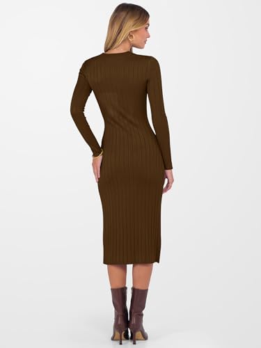 ANRABESS Womens 2025 Fall Long Sleeve Midi Dress Ribbed Knit Bodycon Fitted Button Down Wedding Guest Slit Sweater Dresses