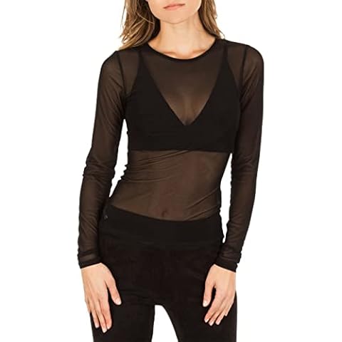 Ladies Sheer Mesh Fishnet Round Crew Neck Long Sleeve Crop Top T Shirt Tunic Dress (12-14, Black Mesh Long Sleeve Top) Cover
