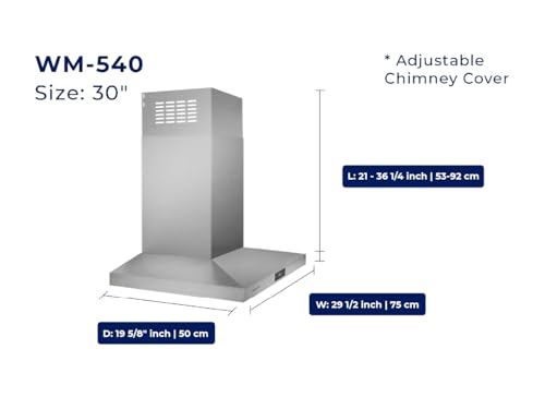 Image of Hauslane 30 inch Wall Mount Range Hood Low Noise Performance Contemporary Design, Full-Size Handle Professional-Grade Baffle Filters, LED Lamps, Stainless Steel Chef Series WM-540 Ducted or Ductless