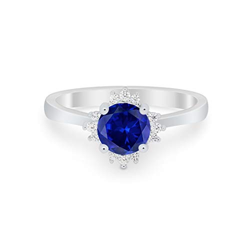 Simulated Blue Sapphire Cubic Zirconia Size-6 Halo Floral Art Deco Wedding Engagement Ring Round Simulated Cubic Zirconia 925 Sterling Silver