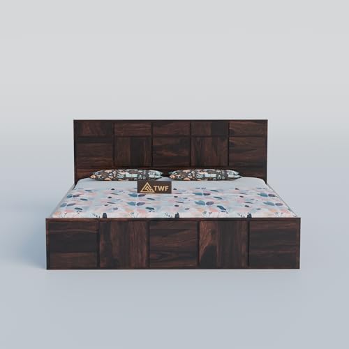 Image of Solid Sheesham Wood Queen Size Bed with Storage Box | Double Bed for Bedroom | Plan Panel Design Wooden Double Bed Cot for Home & Hotels | Rosewood, Walnut Finish