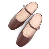TN TANGNEST Women's Mary Jane Shoes Mules for Women Retro One Line Strap Flat Slippers Cute Square Toe Backless Flat Mules Brown 39(7)