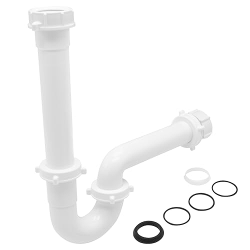 JB Products 1-1/2 Inch Bayonet P-Trap Kit Patented Polypropylene with PVC Marvel Adapter Includes J-Bend Flanged Wall Arm Bayonet Reducing Bushing O-Rings & Washers Turn & Click Nuts