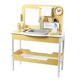 IEUDNS 1 Juego Tocador Infantil de Madera con Espejo Lavabo Simulado Set de Cosméticos Peine y Cepillo Construcción Resistente Almacenamiento...