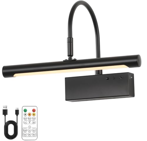 Image of LED Wireless Picture Light with Remote Control,USB Rechargeable Battery Powered Art Lamps,Dimmable,270 Rotate,Timing,12 Inch Black Wall Lights for Paintings (Black, 12inch)