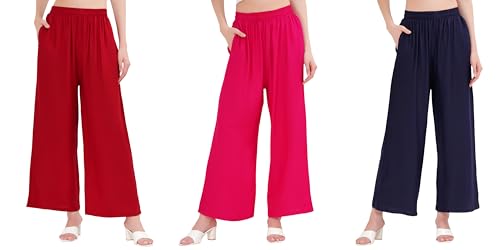 Image of Buy That Trendz Palazzo Pants for Women Rayon Elasticated Regular Fit Flared Wide Leg M to 6XL Pack of 3