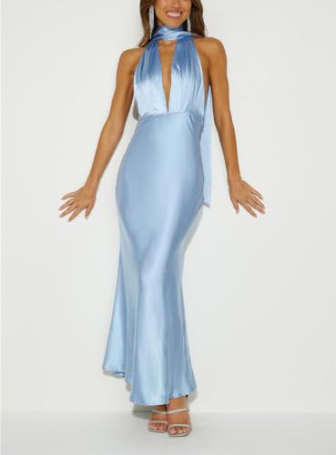 Image of 2026 Women's Satin Halter Deep V Neck Wedding Guest Maxi Dresses