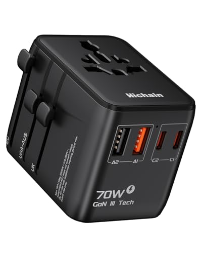 Hichain 70W GaN Universal Travel Adapter, European Travel Plug Adapter 2 USB-A & 2 USB-C Fast Charging Travel Adapter All-in-one International Power Adapter for USA EU UK AUS Travel Essentials Black