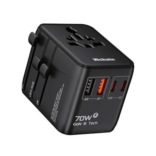 Hichain 70W GaN Universal Travel Adapter, European Travel Plug Adapter 2 USB-A & 2 USB-C Fast Charging Travel Adapter All-in-one International Power Adapter for USA EU UK AUS Travel Essentials Black