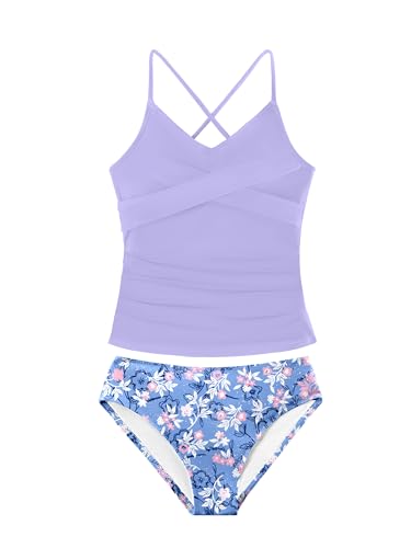Image of Girls Swimsuit Tankini Criss Cross Ruched 2 Piece Bathing Suit Printed Girl Swimwear for Teens 9-16Y