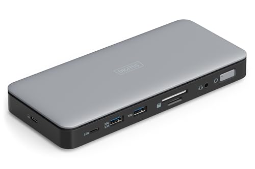 DIGITUS USB-C Docking Station - 11 porte - 2x HDMI, 1x Displayport UltraHD 4k/60Hz - 2x USB-A 3.2 Gen2, 1x USB-C 3.2 Gen2-1x RJ45 - Doppio lettore di schede - 1x audio 3,5mm - Grigio