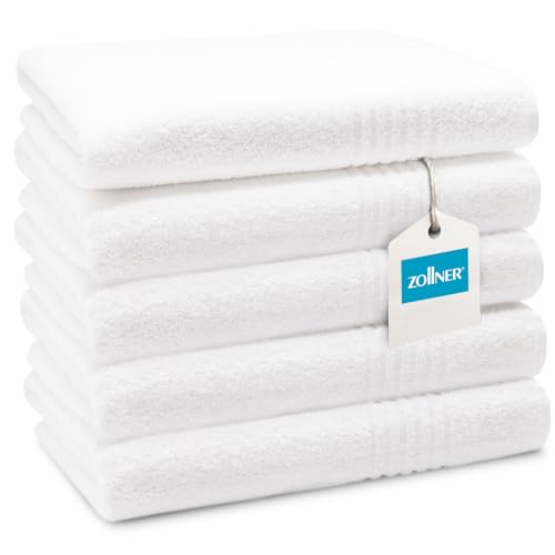 ZOLLNER Lot de 5 Serviettes de Douche 70x140 cm - Serviettes très absorbantes en Blanc - avec Crochet Pratique - avec Bordure rayée - lavables jusqu'à 95...