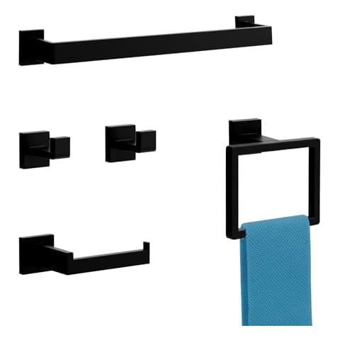 5-Pieces Matte Black Bathroom Accessories Set, 16 Inch Bath Towel Bar Set, SUS 304 Stainless Steel Bathroom Hardware Set, Towel Racks for Bathroom Wall Mounted Cover