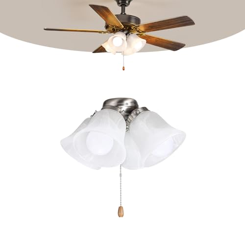 VEVOR Ceiling Fan Light Kit Four-Light 3000K 750lm Fan Light Kit with Pull Chain Replacement Light Fixture for Living Room Bedroom Home Decor Cloud White Glass Shade Brushed Nickel Floral Shape