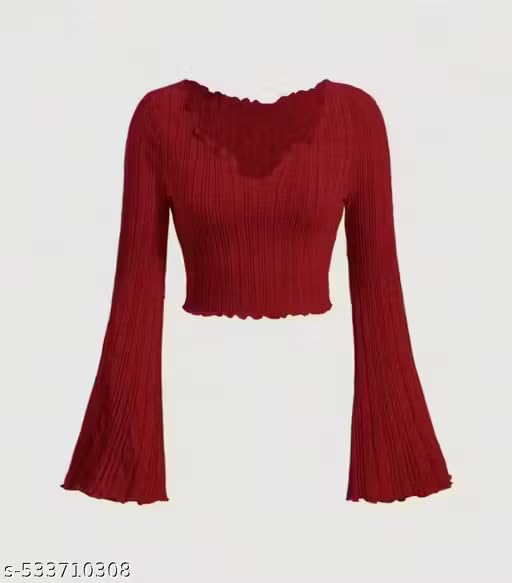 Image of V-Neck Notched Flared Sleeve Top for Women | Stylish Polyester Long Sleeve Blouse for Casual Wear 450