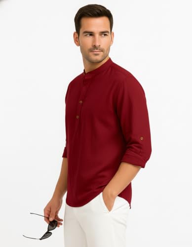 Image of Zombom Men's Cotton Blend Kurta Shirt with Full Sleeves Mandarin Collar Neck Solid Pattern for Men Regular Fit Ethnic Wear Casual Festive Top Modern Style | Cotton Shirt for Mens
