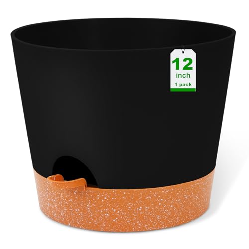 GARDIFE 12 Inch Plant Pots, planters, Self Watering Pots, Large Plastic Flower Pots with Deep Reservior and High Drainage Holes for Indoor Outdoor Plants and Flowers, Black